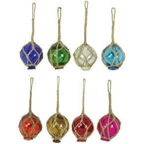Set of 8 ~ 2" Glass Fishing Buoys 8 Assorted Colors Roped Net Floats Buoy