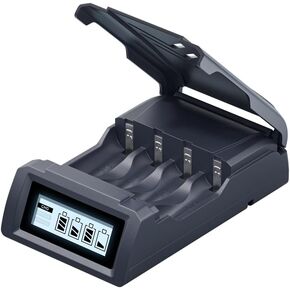 4 Channel Universal Battery Charger for Ni-MH/Ni-CD/Lithium Rechargeable AA AAA Batteries with Built-in Type C Cable, LCD Screen Display Independent Slot