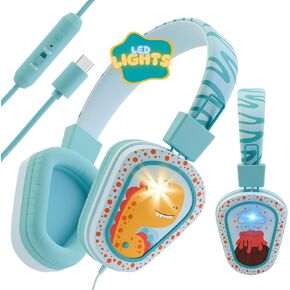 Kidrox® Kids Headphones Wired LED Lights with Microphone, Durable and Flexible, Volume Limited 85/94db Kid Safe Dinosaur Headphones for Kids, Perfect for School or Travel. USB C Wired