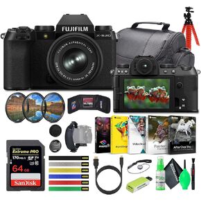 FUJIFILM X-S20 Mirrorless Camera with 15-45mm Lens + 64GB Extreme Pro Memory Card, Greens Lens Cleaning Kit, Corel Editing Software, Travel Bag, Tripod, Ideal Vlogging Camera Kit (13pc Bundle)