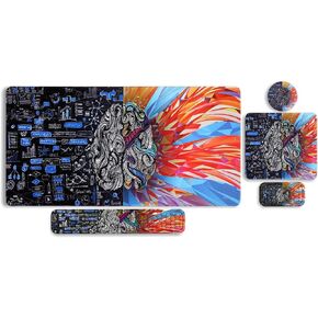 MOSISO Extended Gaming Mouse Pad&Massage Keyboard Wrist Rest&Mousepad&Wrist Rest&Coaster, Brain Ergonomic Non-Slip Pad&Easy Typing Cushion with Memory Foam for Home Office, Art Left&Right Brain