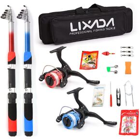 Pole Pack,YIWENG Fishing Rod Reel Combo Full Kit with 2PCS 2.1m Telescopic Fishing Rods 2PCS Spinning Reels Fishing Lures Hooks Accessories Fishing Bag, Blue & Red