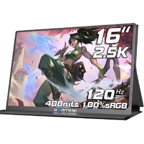 16 Inch Portable Monitor, 2.5K 120HZ 2560×1600 Office Portable Monitor QHD IPS Ultra Bright Eye Care with Matte Screen for PC, MAC, Phone, Switch, PS, Xbox with USB-C & HDMI