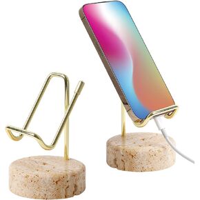 Marble Phone Stand with Metal Holder, Charging Available While Using, Swipe Up to Unlock, Made of Natural Marble as Business Card Holder for Office Desk (Starry White + Gold)