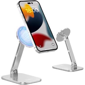 Magnetic Phone Stand for Desk Adjustable - Portable Phone Stand with 360°Rotating Aluminum Phone Holder Compatible with iPhone 16/15/14/13/12 Pro Max and Magnetic Phone Case, Silver