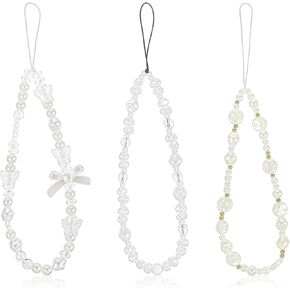 3Pcs White Mobile Phone Lanyard Pearl Beaded Phone Charm Strap Cute Bow Butterfly Phone Case Charms Anti Lost Y2k Charm Strap for Women Girls Cell Phone Camera Wallet Pendant Decor