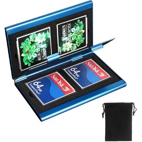Aluminum CF Card Storage Case, 4 Slot CF Card Holder, Double Layer CF Card Holder, Slim Card Type Blue Shockproof CF Card Protector Storage Case