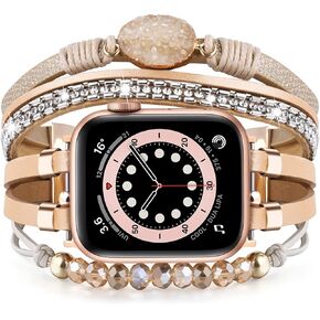 VISOOM Beaded Boho Bracelet Compatible for Apple Watch Band 40mm/38mm/41mm Series 10 9 8 7 SE Series 6/5/4 Women Leather Fashion Cute Handmade Multilayer Wrap Watch Strap for iWatch Bands 3/2/1