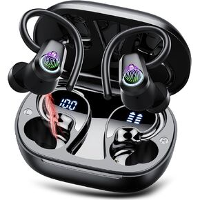 Wireless Earbuds, 2025 Ear Buds Bluetooth 5.3 Headphones Sport, 50H Playtime Bluetooth Earbuds, HD Stereo Noise Cancelling Earbuds, Dual LED Display, IP7 Waterproof Earphones Android IOS, Pitch Black