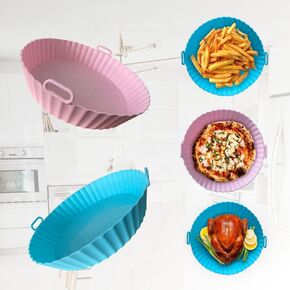 Air fryer 7.9 inch 2 Pieces set with blue silicone brush. Air Fryer silicone liners oven baking basket. silicone pot for air fryer. Reusable Baking Tray Oven Accessories.