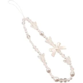 White Mobile Phone Lanyard Universal Phone Chain Bow Butterfly Pearl Beaded Phone Lanyard Wrist Strap Anti Lost Phone Charm Strap Fashion Cute Phone Case Keychain Wallet Decoration Pendant for Women