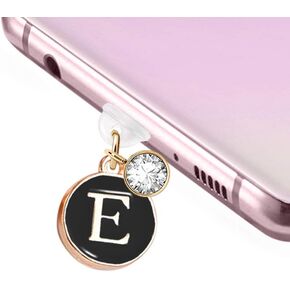 ELISE & FONDA TP31 Type-C Charging Port Anti Dust Plug Round Letter E Cell Phone Charm for Samsung Galaxy/OnePlus/Xiaomi/Oppo Android Phone iPhone 15/16 (Black)