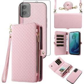 Asuwish Phone Case for Motorola Moto G 5G 2024 Zipper Wallet Detachable Cell Cover with Tempered Glass Screen Protector Crossbody Lanyard Strap Flip Card Holder Slot G5G 5 G G5 Women Men Girls Pink