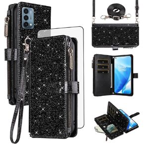 Asuwish Phone Case for OnePlus Nord N200 5G Wallet Cell Cover with Tempered Glass Screen Protector Strap Glitter Flip Credit Card Holder One Plus N 200 G5 1 Plus 200N 1plus One+ 1+ N2005G 2021 Black