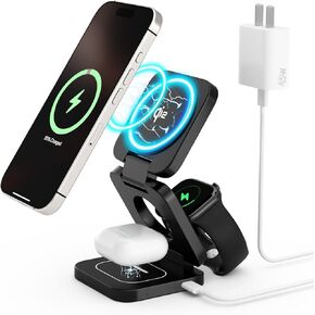 3 in 1 Charging Station for Apple, Qi2 Magnetic Wireless Charger Stand,15W Fast Wireless Travel Mag Safe Charger for iPhone16/15/14/13/12 Series,Portable Charger for iPhone, Apple Watch,Airpods