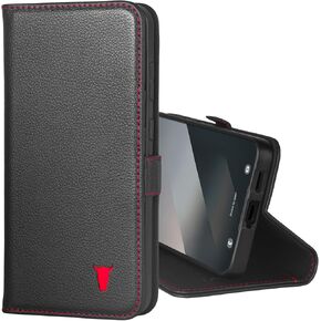 TORRO Premium Leather Case Compatible with Samsung Galaxy S25 Plus 5G (6.7") 2025 – Genuine Leather Wallet Flip Folio Case with Kickstand and Card Slots (Black with Red Detail)
