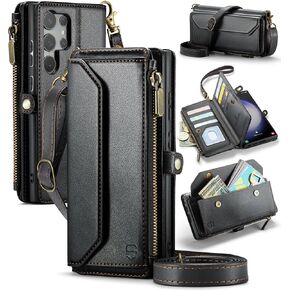 Crossbody Wallet Case Compatible with Samsung Galaxy S23 Ultra 5G RFID Blocking 10-Card Holder Soft PU Leather Magnetic Snap Strap Zipper Pocket Phone Case Fit for Galaxy S23 Ultra - Black