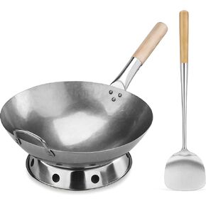 New Star Foodservice 1028720 Carbon Steel Pow Wok Set with Wood and Steel Helper Handle, Hand Hammered, Includes 14" Round Bottom Wok, Wok Rack/Ring, and Spatula (Hand Wash Recomended)