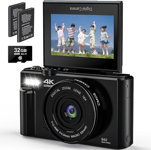 كاميرا رقمية 4K للتصوير الفوتوغرافي ، نقطة تركيز تلقائية 64 ميجابكسل وتصوير كاميرات رقمية ، سعة 3.0 بوصة شاشة 18x Zoom Vlogging لـ YouTube مع بطاقة SD ، كاميرا رقمية مضغوطة مع بطاريتين in Kuwait