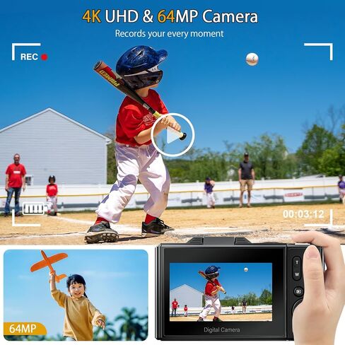 كاميرا رقمية 4K للتصوير الفوتوغرافي ، نقطة تركيز تلقائية 64 ميجابكسل وتصوير كاميرات رقمية ، سعة 3.0 بوصة شاشة 18x Zoom Vlogging لـ YouTube مع بطاقة SD ، كاميرا رقمية مضغوطة مع بطاريتين in Kuwait