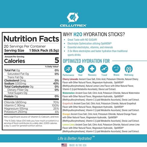 Cellutrex® H2O Electrolytes - Variety Pack - Zero Sugar Salt Hydration Packets, Additive-Free, Non-GMO Electrolytes Powder for Workouts, Fasting & More, 20 Easy-Open Sticks in Saudi Arabia
