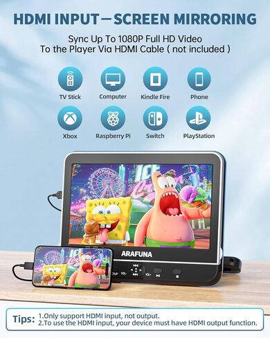 1080 "مشغل DVD محمول مزدوج مع إدخال 1080p HDMI ، Arafuna Car DVD Player شاشة مزدوجة تشغيل نفس أو فيلمين مختلفين ، مشغل DVD مسند الرأس لدعم السيارة USB/SD ، آخر الذاكرة in Kuwait