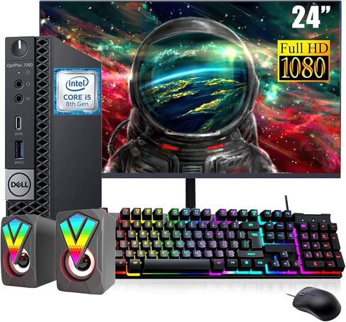 Dell Optiplex 7060 Mini Desktop Computer مع شاشة FHD 24 "FHD ، مكبرات صوت RGB ، Core I5-8500 3.0GHz-4.1GHz ، RAM 16GB ، 512GB SSD ، DP Cable ، لوحة مفاتيح RGB ، الماوس ، Windows 10PRO (متجدد) in Kuwait