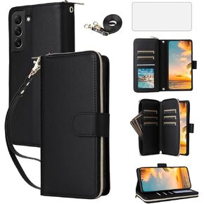 Asuwish Phone Case for Samsung Galaxy S22 Plus S22+ 5G Cover with Tempered Glass Screen Protector and Zipper Wallet Card Holder Slot Stand Flip Cell S22+5G S22plus 22S + S 22 22+ Women Men Black
