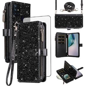 Asuwish Phone Case for OnePlus Nord N10 5G Wallet Cell Cover with Tempered Glass Screen Protector Strap Glitter Zipper Flip Credit Card Holder One Plus N 10 G5 1 Plus 10N 1plus One+ 1+ N105G Black