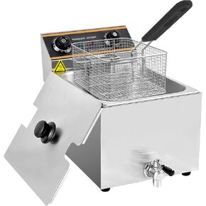 Electric Deep Fryer,6L Countertop Fryer with Drain Tap,1500W Stainless Steel Fryer,Single Tank with Lids&Basket for Home Restaurant Kitchen