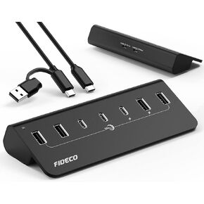 FIDECO Powered USB Hub, 7 Port USB 3.2 Gen 2, 10Gbps Fast Data Hub for iPhone 16/15 Series, Aluminum USB Splitter with 5V 3A Power Adapter, 4 USB-A and 3 USB-C Ports, Support BC1.2 Charging