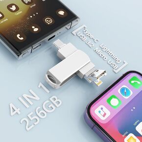 256G Flash Drive for iPhone Photo Stick USB Memory Stick Thumb Drives, MFi Certified 4 in 1 Portable Type-C+Micro USB+Lightning+USB Stick External Storage for PC/iPhone/iPad/Android/Smartphone/Laptop
