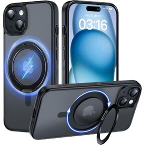 TAURI 360°Rotatable Magnetic Ring for iPhone 15 Case Black, [Designed for Magsafe] with Stand & Ring Holder, Translucent Matte Shockproof Slim Phone Case for iPhone 15, 6.1"
