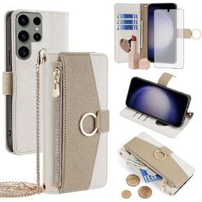 Asuwish Phone Case for Samsung Galaxy S23 Ultra 5G Wallet Cover with Screen Protector and Mirror Flip Cover Ring Card Holder Crossbody Strap Cell S23Ultra 23S S 23 23Ultra 6.8 inch Women Girls White