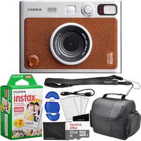 Fujifilm Instax Mini EVO Hybrid Instant Camera Brown Bundle with 20 Instax Mini Instant Film Sheets, 32GB Memory Card, USB Memory Card Reader, Case, Microfiber Cloth + Screen Protector