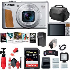 Canon PowerShot SX740 HS Digital Camera (Silver) (2956C001) + 64GB Memory Card + 2 x NB13L + Corel Photo Software + Charger + Card Reader + LED Light + Soft Bag + More (Renewed)