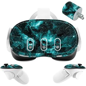 VR Headset Galaxy Helmet Skin and Accessories Stickers Kit Compatible with Quest 3 Skin Vinyl Protective Cover Decal Compatible with Oculus Quest 3 (Green Galaxy)