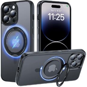 TAURI 360°Rotatable Magnetic Ring for iPhone 14 Pro Case Black, [Designed for Magsafe] with Stand & Ring Holder, Translucent Matte Shockproof Slim Phone Case for iPhone 14 Pro, 6.1"