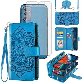 Asuwish Phone Case for Samsung Galaxy A25 5G Zipper Wallet Magnetic Detachable Cell Cover with Tempered Glass Screen Protector Crossbody Strap Flower Card Holder A 25 25A SM-A256U Women Men Girls Gray