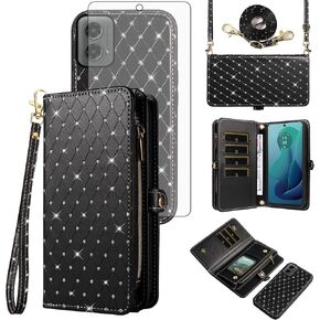 Asuwish Phone Case for Motorola Moto G 5G 2024 Zipper Wallet Detachable Cell Cover with Tempered Glass Screen Protector Crossbody Lanyard Strap Glitter Flip Card Holder Slot G5G 5 G G5 Women Men Pink