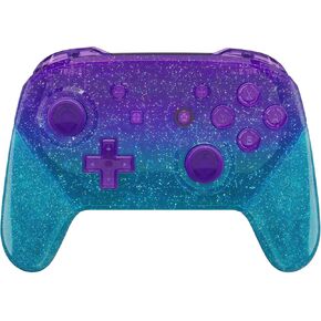 eXtremeRate Faceplate Backplate Handles for Nintendo Switch Pro Controller, Glitter Gradient Translucent Bluebell & Blue Replacement Hand Grip Housing Shell for Nintendo Switch Pro -Controller Without