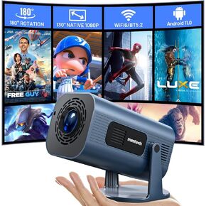 Mini Projector with WiFi and Bluetooth, 180°Adjustable Stand Smart Projector, 150" Portable Projector with Android TV 11.0, 2.4G/5G, Native 1080P, 300 ANSI Auto Keyston Outdoor/Home Movie, Blue