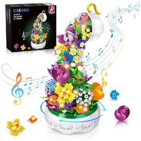 Flowers Music Box Building Set with Light - 571PCS Flower Botanical Bonsai Rotating Music Box Building Block Toy, Home Decor, Mother's Day, Valentine's Day, Birthday Gift for 6-12 Years Kids Adults