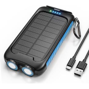 Solar Charger Power Bank, 38800mAh Portable Phone Charger with 1 Type-C & 2 USB-A Ports Built-in Dual LED Flashlight, 15W Fast Charging Waterproof Solar Panel Charger