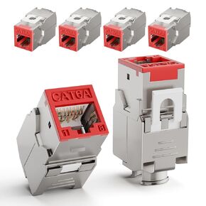 Cat6a Keystone Jacks محمي 6 حزم ، RJ45 180 درجة Ethernet Jack 10 جيجابت في الثانية مع مساكن سبيكة زنك نحيفة للوحة التصحيح ولوحة الحجر الرئيسية ، الأحمر