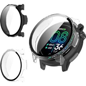 (2 Pack) Protective Case for COROS PACE Pro, Full Coverage PC Bumper with Tempered Glass Screen Protector, Shockproof Scratch-Resistant Shell for COROS PACE Pro Smartwatch,Black+Clear