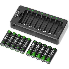 Rechargeable AA Batteries with Charger, BEVIGOR 10 Pack 2800mAh High Capacity Ni-MH Double A Batteries with Smart 8 Bay Smart Battery Charger,USB Fast Charging