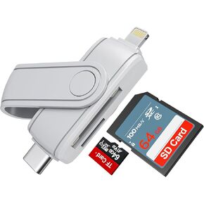 USB C Lightning SD Card Reader for iPhone/iPad/Android, 2 in 1 SD/Micro SD(TF) Card Adapter (Read Two Cards Simultaneously), 5Gbps, iPhone SD Card Adapter with Lightning and USB C Port, Plug and Play