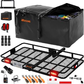 Mockins XXL 72"x36"x6" Folding Cargo Carrier Hitch Mount Luggage Rack w/50 CuFt Trailer Hitch Cargo Carrier Bag | All-Weather 500 Lbs Capacity Cargo Rack Set w/Rear Lights, License Plate Holder & More