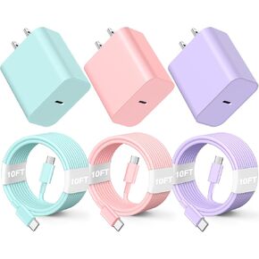 Phone 16 15 Charger Fast Charging, 3 Pack 20W USB C Colorful Charger Block with 10 FT USB-C to C Cable Compatible with iPhone 16 15 Pro/Plus/Pro Max,Pad Pro 12.9/11 inch,Pad Air 5th